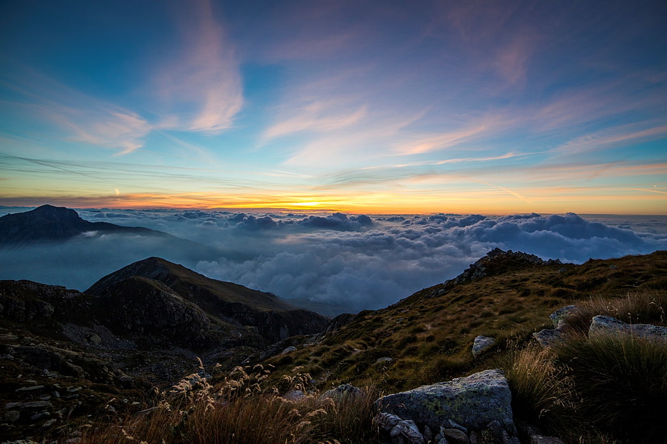 landscape view of clouds on mountain HD wallpaper