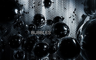 Bubbles with text overlay, bubbles, grid, metal, sphere