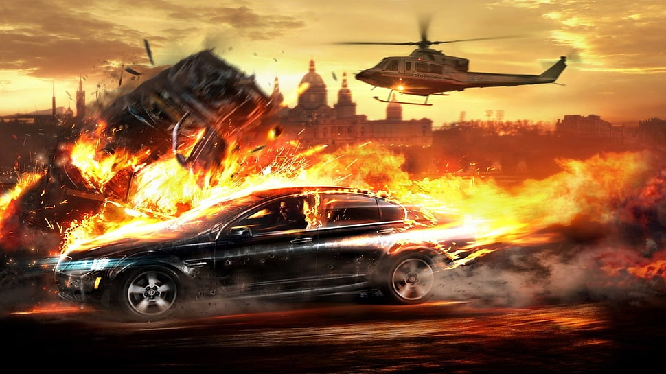 black coupe digital wallpaper, car, fire, explosion HD wallpaper