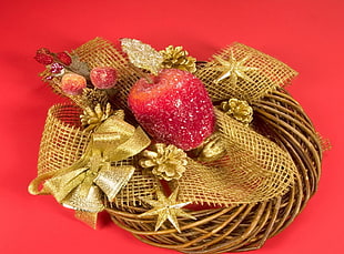 artificial apple christmas decor with burlap ribbon