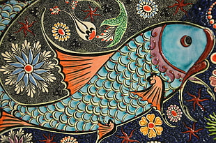 blue and orange fish painting HD wallpaper