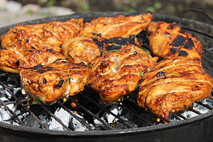 grilled meats on black charcoal grill HD wallpaper