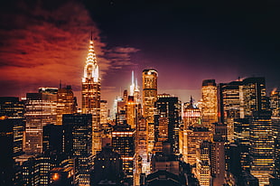 city buildings wallpaper, lights, USA, skycrapers, Twilight