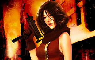 woman holding uzi gun digital wallpaper