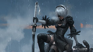 gray hair female anime character holding sword digital wallpaper, Nier: Automata, sword, 2B (Nier: Automata)