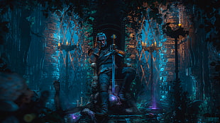 man holding sword while sitting on throne digital wallpaper, video games, white hair, Geralt of Rivia, The Witcher HD wallpaper