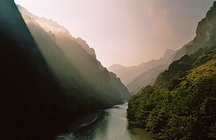 body of water between mountain, nature, landscape, river, mountains
