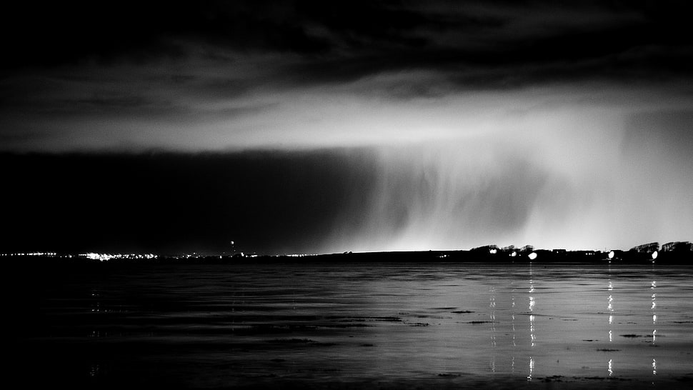 black and white wooden table, night, sea, clouds, rain HD wallpaper