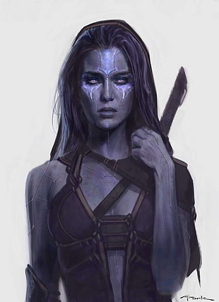 female anime character painting, Gamora , Guardians of the Galaxy, concept art, purple skin