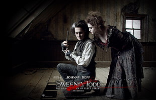 black and white crew-neck shirt, Sweeney Todd, Johnny Depp, Helena Bonham Carter, movies HD wallpaper
