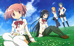 four girl anime character illustration