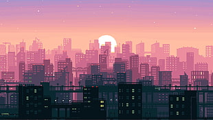 animated pink and black buildings illustration