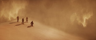 four person walking on dessert, fantasy art, sand, dune, desert HD wallpaper