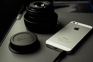 silver iPhone 5s and black canon telephoto lens, iPhone, Canon, lens HD wallpaper