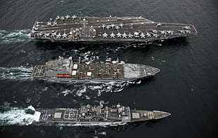black and gray compound bow, warship, aircraft carrier, vehicle, aerial view