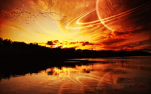 planet illustration, planet, sunset, planetary rings, digital art