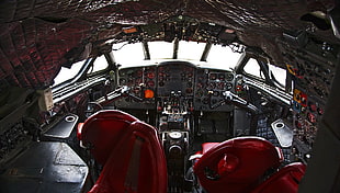 black and red airplane front interior view, vehicle, aircraft, cockpit, De Havilland