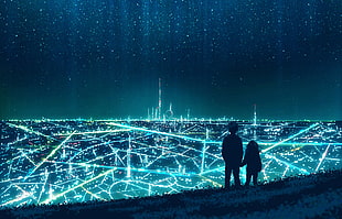 silhouette of boy and girl facing city view