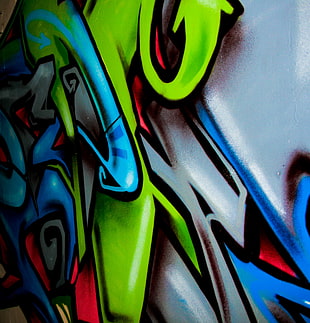green, gray, and blue wall grafiti