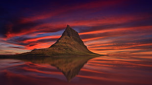 brown mountain, mountains, rock, reflection, river