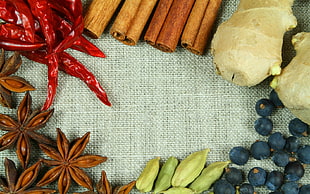 assorted spices on top of grey textile