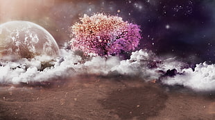 white, purple, and brown tree and clouds illustration, trees, clouds, planet, Moon