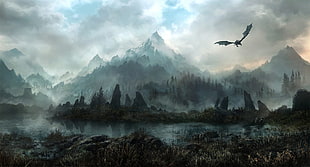 dragon flying over body of water and mountain poster