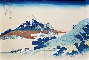 snow covered mountain illustration, Hokusai, Mount Fuji, Japan