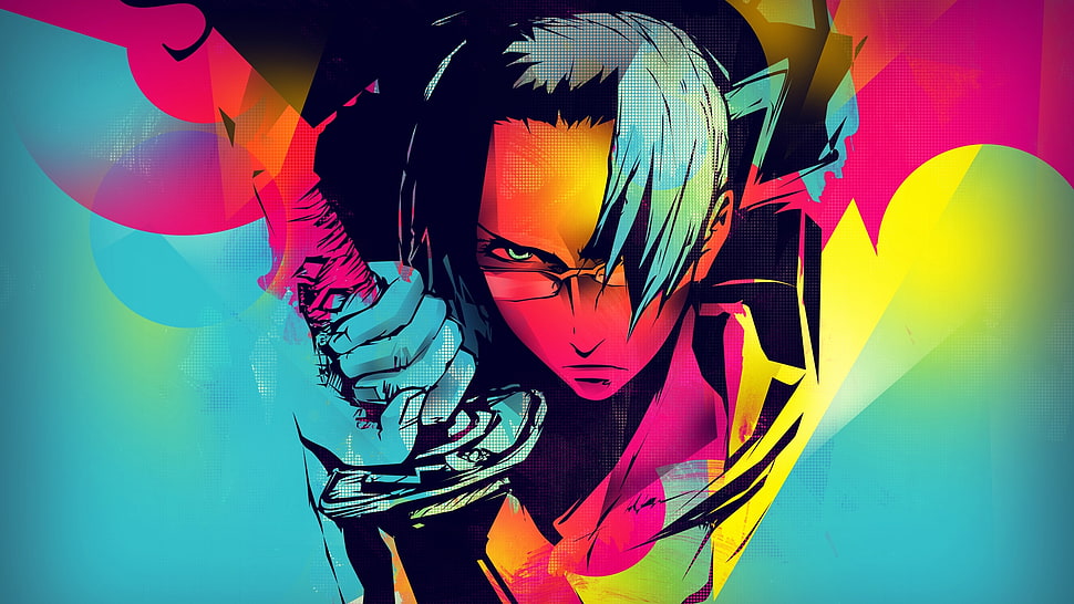 blue, pink, and yellow anime character HD wallpaper
