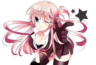 pink haired girl anime character in black top and white collared shirt