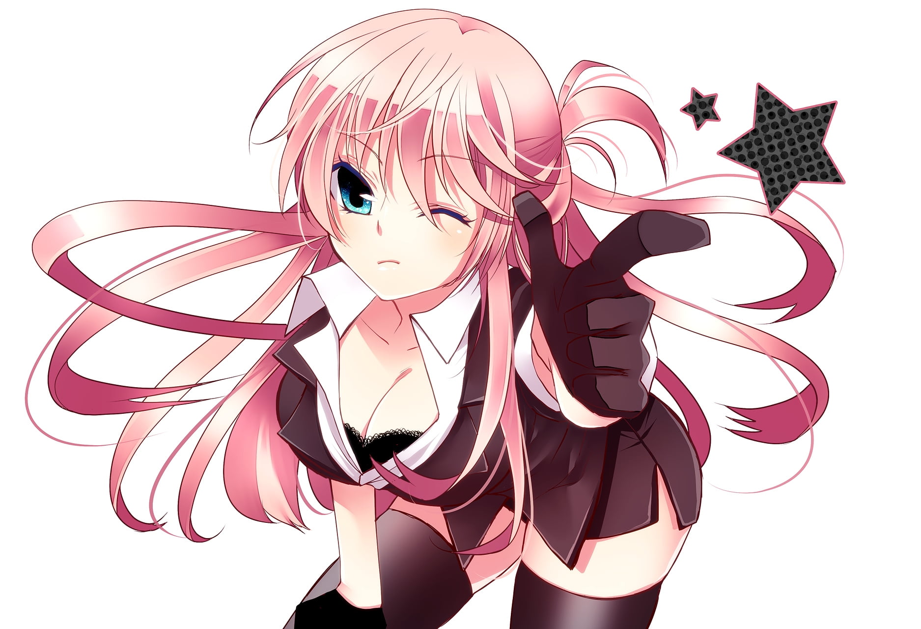 pink haired girl anime character in black top and white collared shirt HD w...