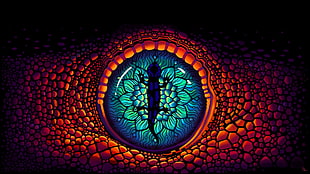 blue, green, and orange reptile eye optical illusion illustration, wildlife, digital art, eyes