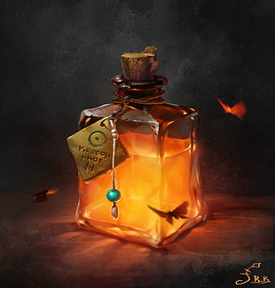 oil bottle animated illustration, Vera Velichko, potions, liquid, fire