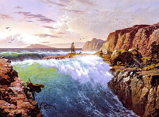 body of water and rock formation painting