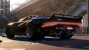 black supercar, Cyberpunk 2077, car, video games, rear angle view