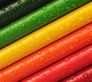 closeup photo of green, yellow, and red tubes with dew