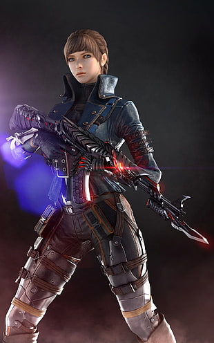 3D female character wearing black armour holding rifle with bayonet illustration