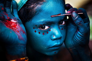 blue body paint, children, hands, face, face paint