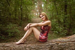women's red sleeveless short dress, women, blonde, dress, smiling HD wallpaper