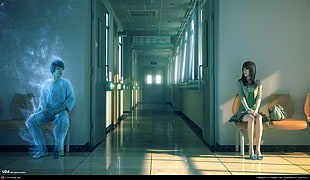 woman in green dress sitting on gang chair looking at man in hospital suit digital wallpaper