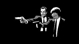 two man holding guns illustration, Pulp Fiction, minimalism, monochrome, movies
