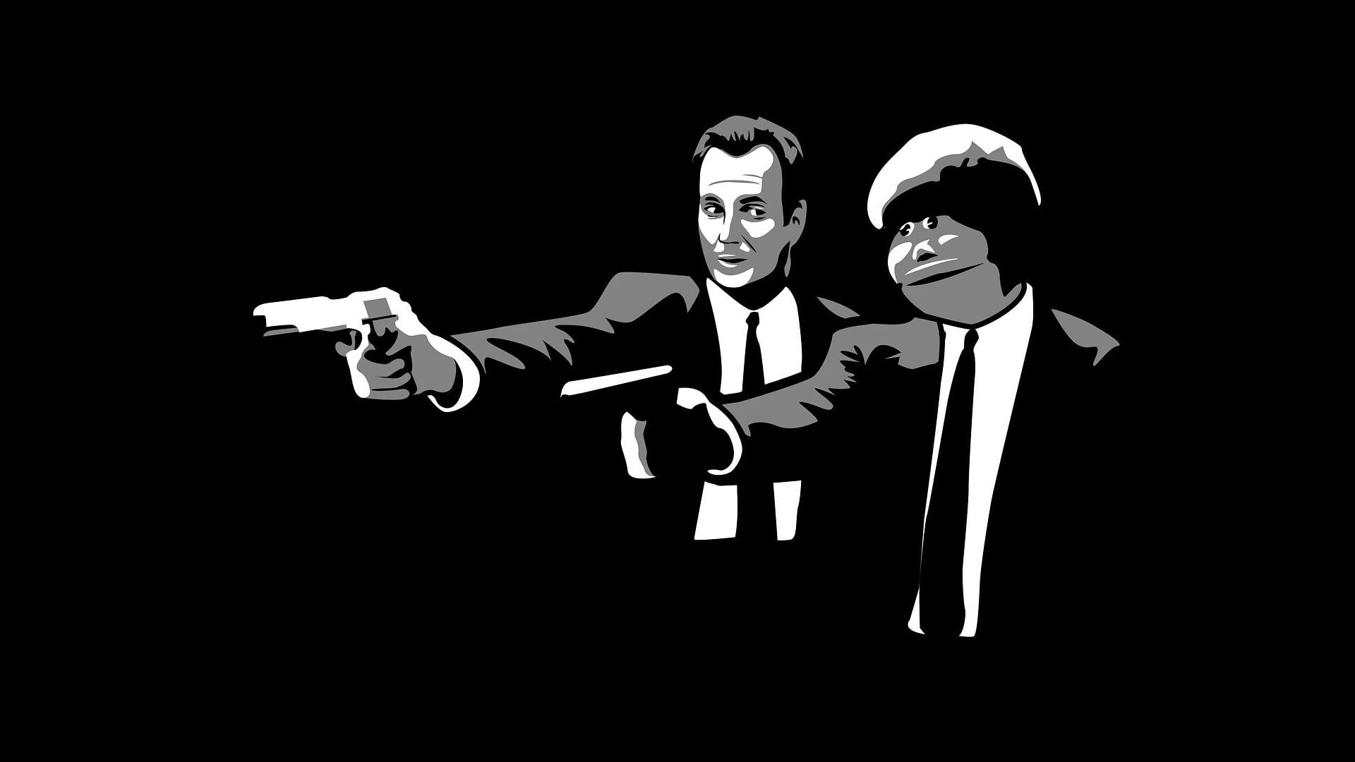two man holding guns illustration, Pulp Fiction, minimalism, monochrome, movies