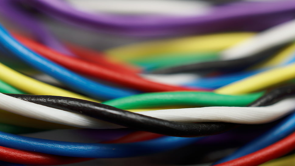 multicolored coated cables, abstract, wires, macro, colorful HD wallpaper