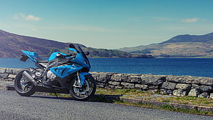 blue sports bike, BMW S1000RR, Sports bike, Landscape