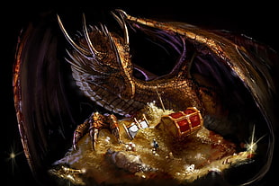 brown dragon and treasure illustration HD wallpaper