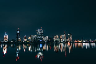 city buildings, city, water, reflection, lights