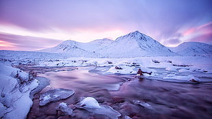 tundra mountain and body of water, winter, snow, mountains, nature