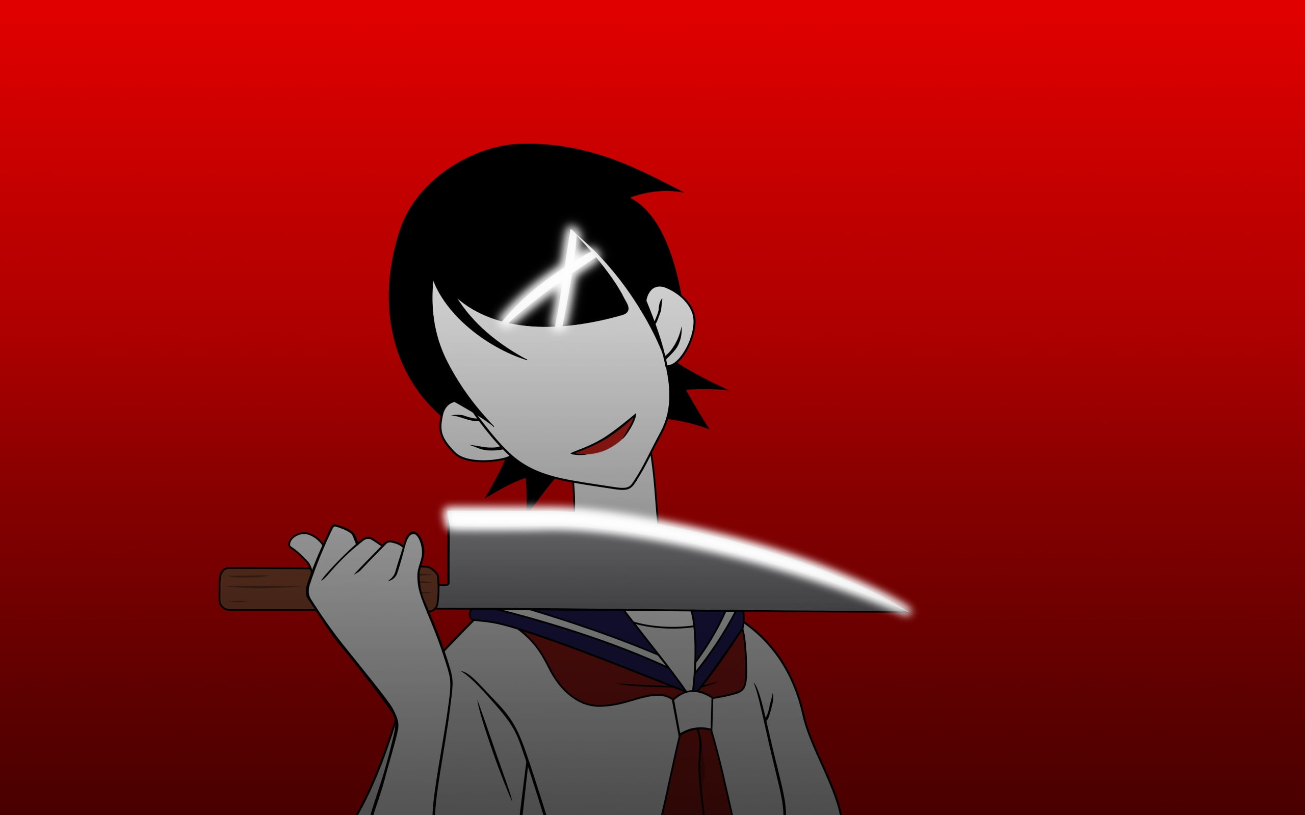 black female character holding knife illustration with red background