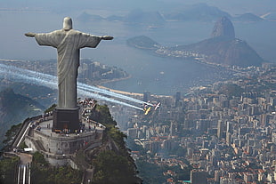 Christ the Redeemer, Rio de Janeiro, Rio de Janeiro, statue, Christ the Redeemer, contrails HD wallpaper