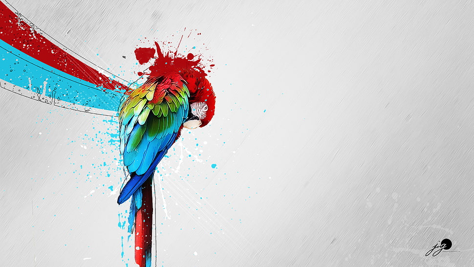 scarlet macaw painting, artwork, parrot, paint splatter, macaws HD wallpaper